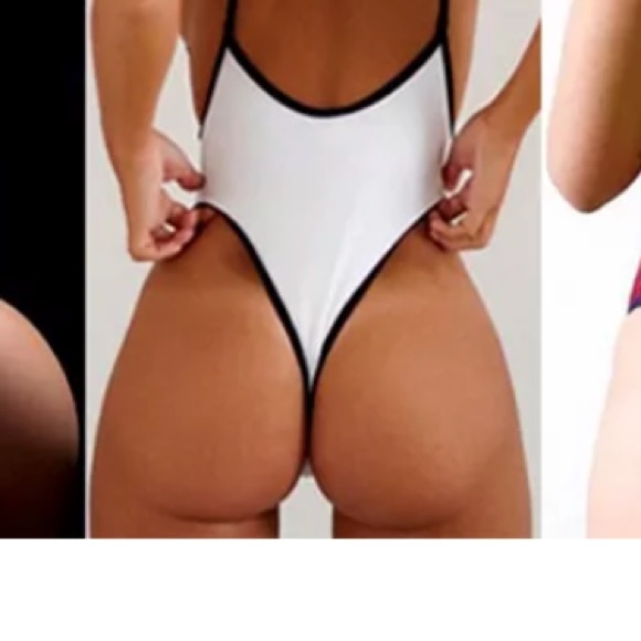 Black white 1 piece swimsuit bodysuit sexy cheeky thong Brazilian French cut M3 - Picture 2 of 6